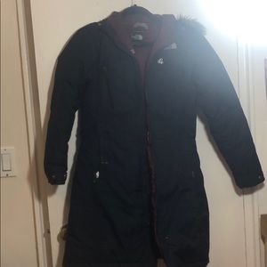 North face black parka with broken zipper
